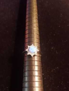 925 Sterling Silver Moissanite Blue Opal Halo Ring - Women's Jewelry Size 7
